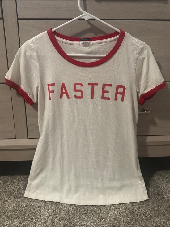 MOTHER Tops - MOTHER White Tee with Red Ringer Trim and FASTER Graphic